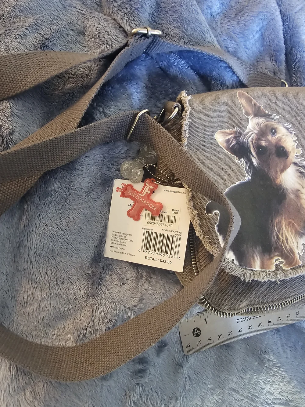 FuzzyNation Gray Canvas Crossbody Pet Bag with Yorkshire Terrier Print